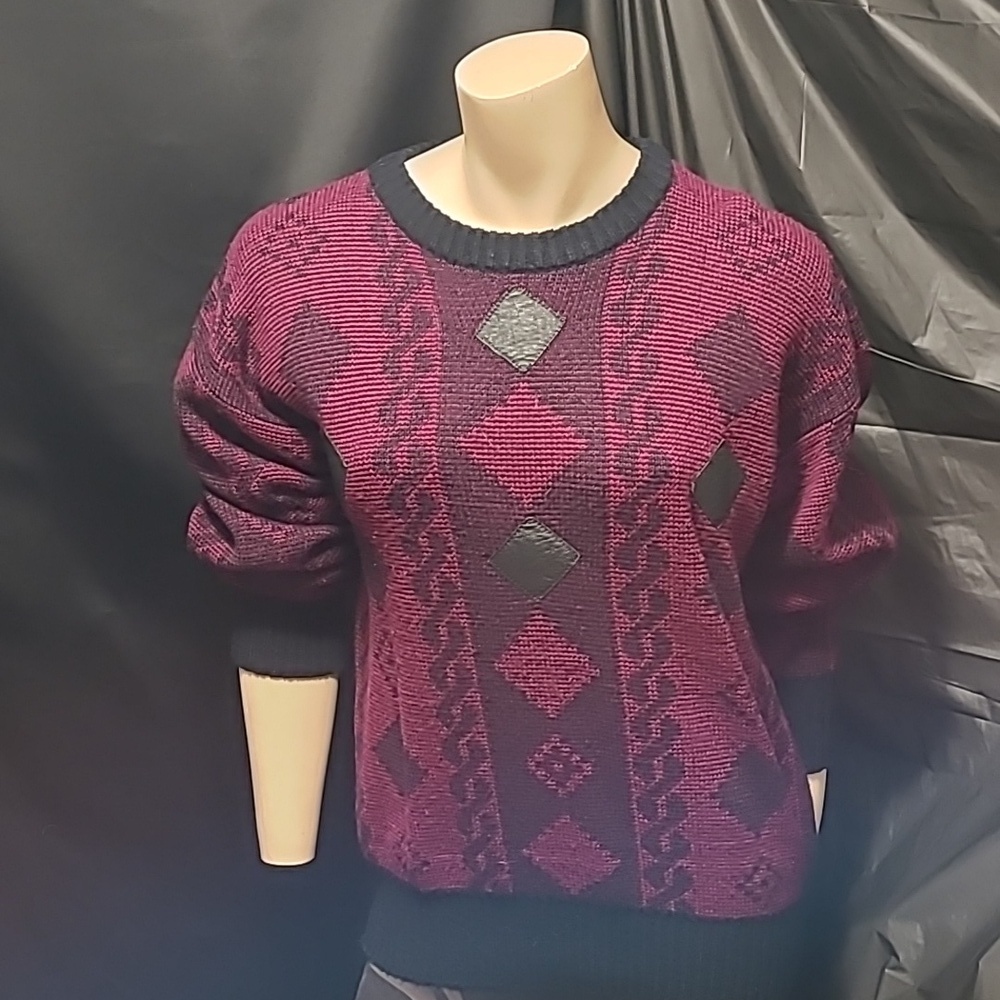 Vintage NORDIC Geometric Patterned Sweater - Black and Purple  Leather Accents - Picture 11 of 12